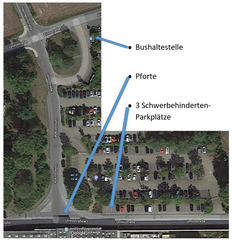 Übersicht Bushaltestelle, Pforte und Parkplätze